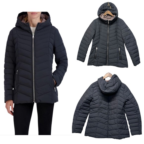 Laundry By Shelli Segal Black Puffer Hoodie Jacket Full Zip Coat Womens Size L - Picture 1 of 16